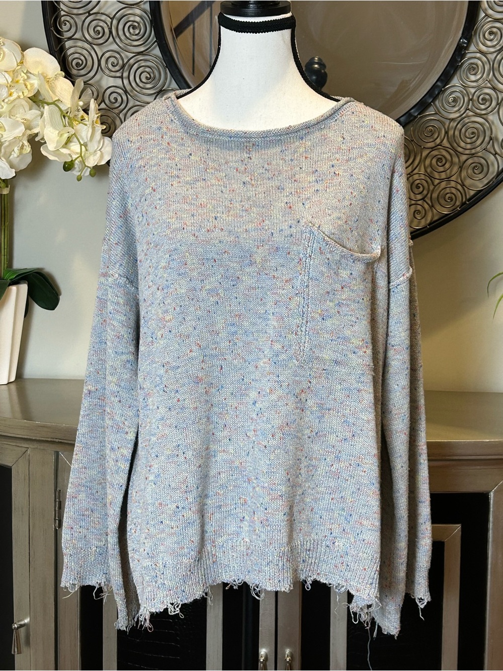 Altar'd State Light Blue Speckled Crewneck Pocket Sweater